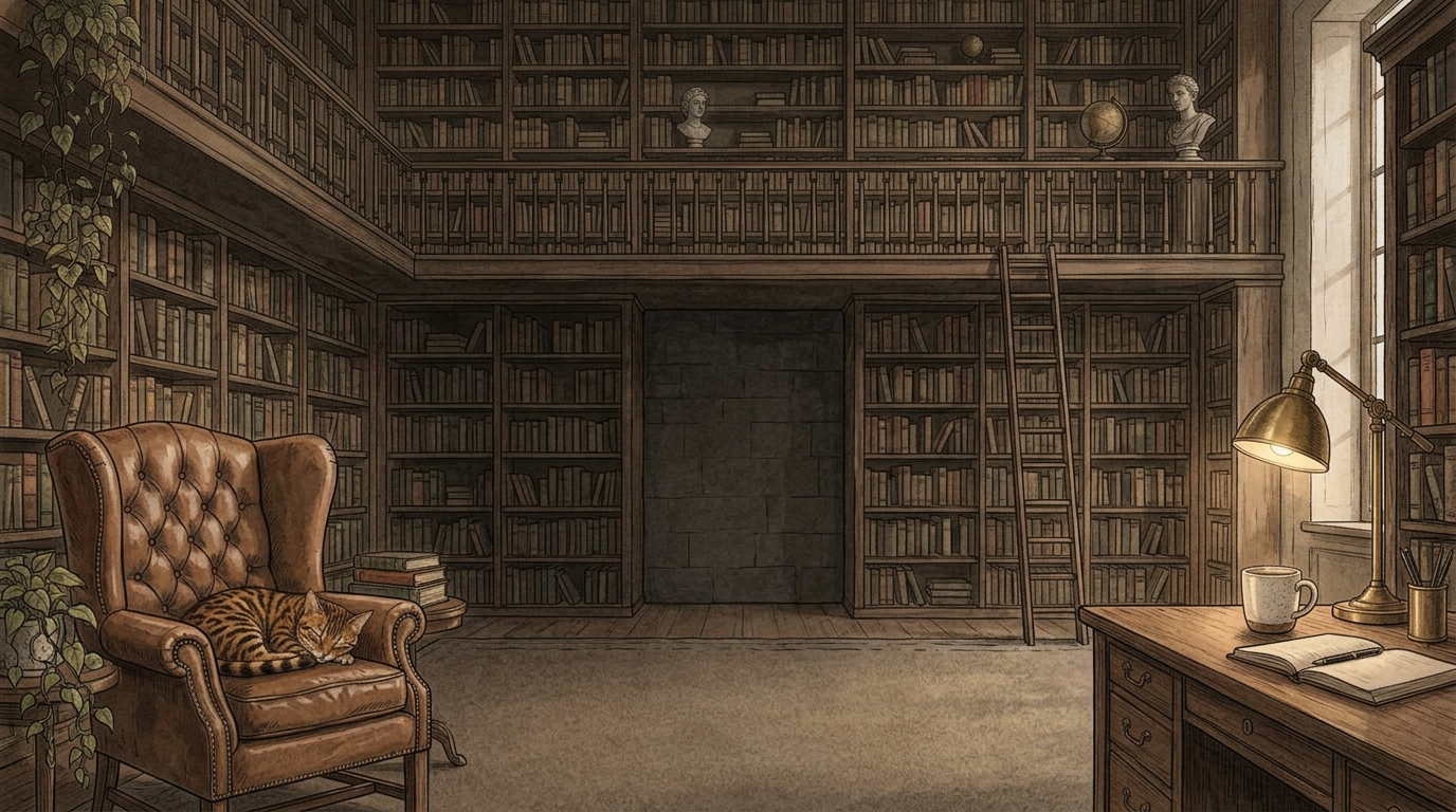 A Bengal cat asleep in a leather armchair beside a writing desk, lamp and coffee cup in a spacious old library